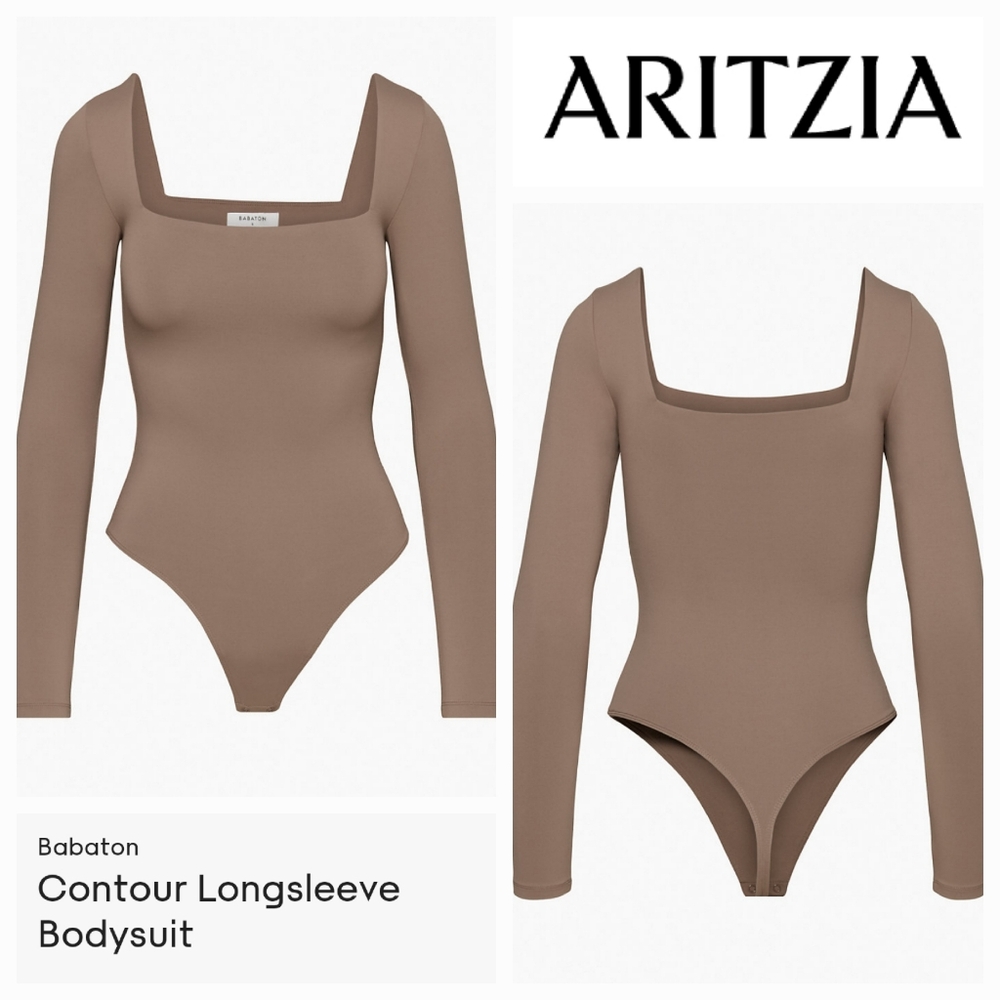 Babaton contour long sleeve square neck bodysuit Aritzia medium deep taupe